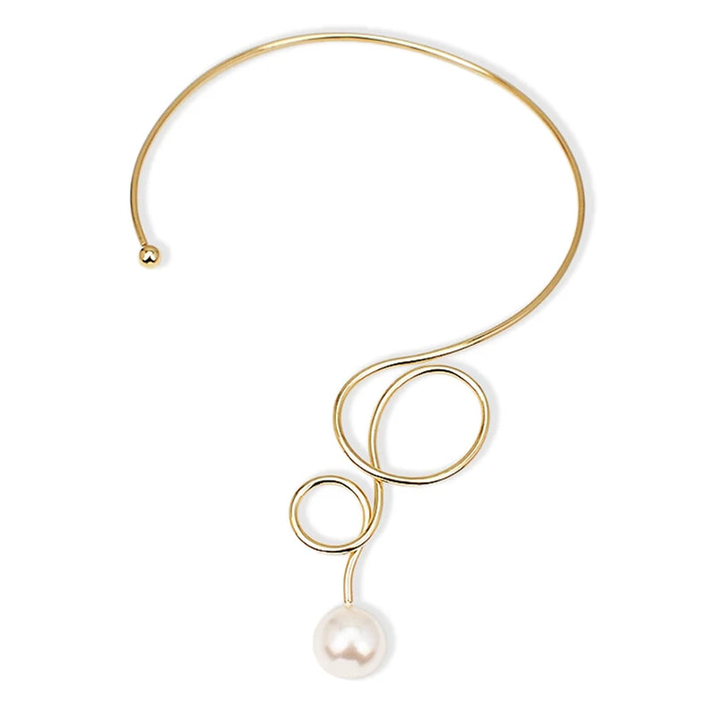 Simulated Pearl Metal Torques Choker Necklace Statement Jewelry
