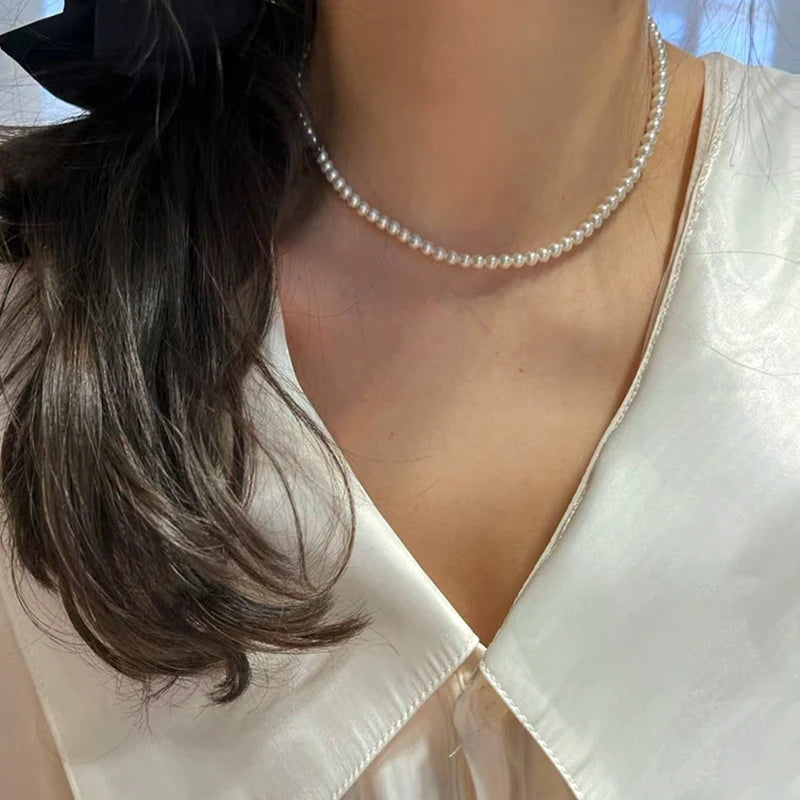 Simulated Pearl Women's Choker Necklace Vintage Stainless Steel Jewelry