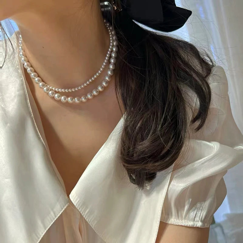 Simulated Pearl Women's Choker Necklace Vintage Stainless Steel Jewelry