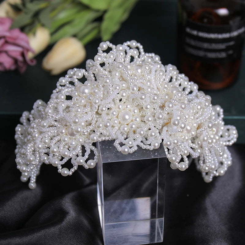 Simulated Pearls Flowers Tiaras Wedding Hairbands Silver Head Ornaments