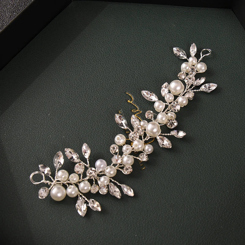 Simulated Pearls Hair Accessory Bride Silver Headband Crystal Wedding Vines
