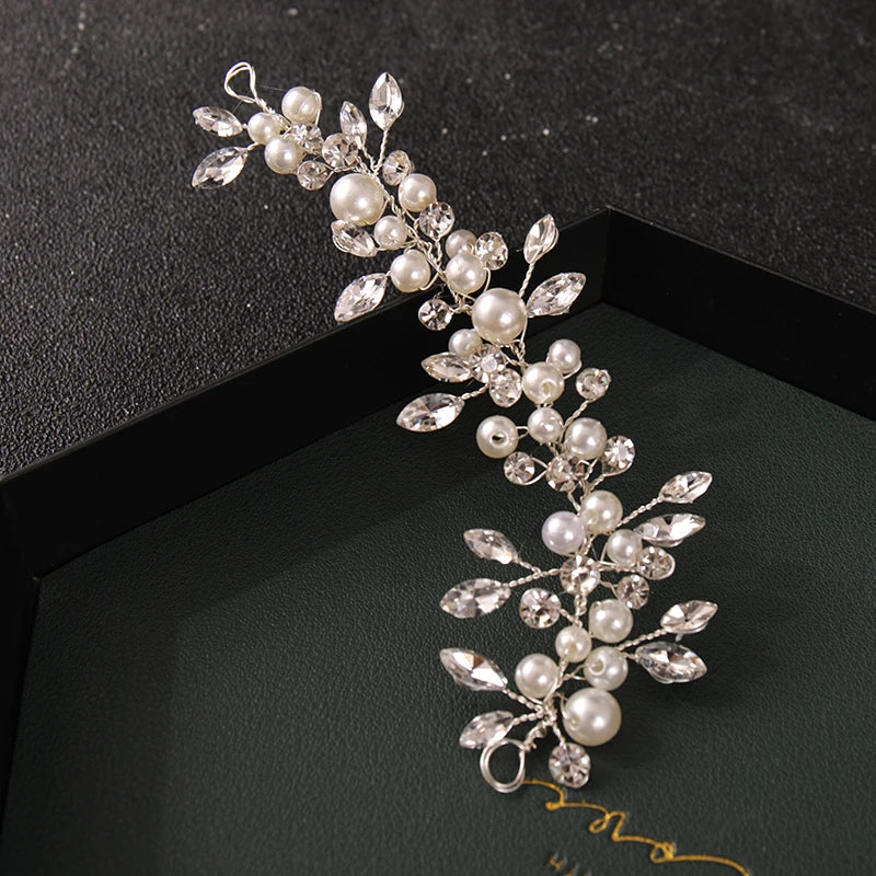 Simulated Pearls Hair Accessory Bride Silver Headband Crystal Wedding Vines