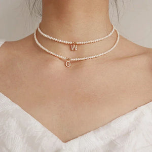 Simulated Pearls Choker Necklace with Zircon Initial Charms Pendant