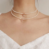 Simulated Pearls Choker Necklace with Zircon Initial Charms Pendant