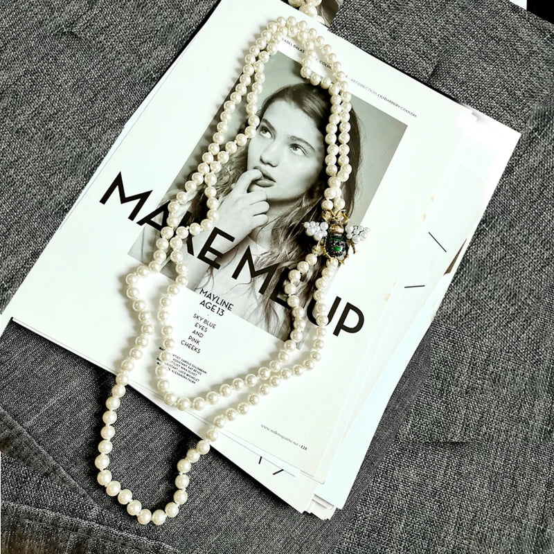 Simulated-pearls Beads Chain Necklace Crystal Insects Necklace