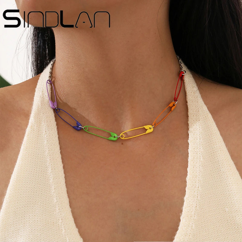 Sindlan Funny Metal Pin Pendant Necklace for Women EDGY Punk Rainbow