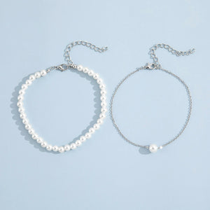Sindlan 2Pcs Boho Silver Chain Pearl Anklet Bracelet Geometric Sandals Jewelry