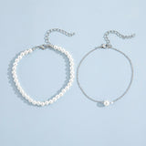 Sindlan 2Pcs Boho Silver Chain Pearl Anklet Bracelet Geometric Sandals Jewelry
