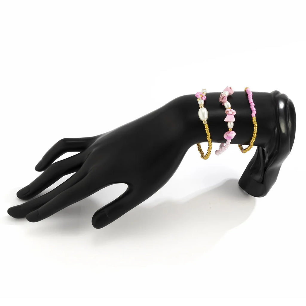 Sindlan 3Pcs Vintage Pearl Pink Natural Stone Wrist Bracelet for Women
