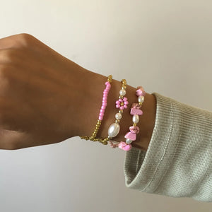 Sindlan 3Pcs Vintage Pearl Pink Natural Stone Wrist Bracelet for Women