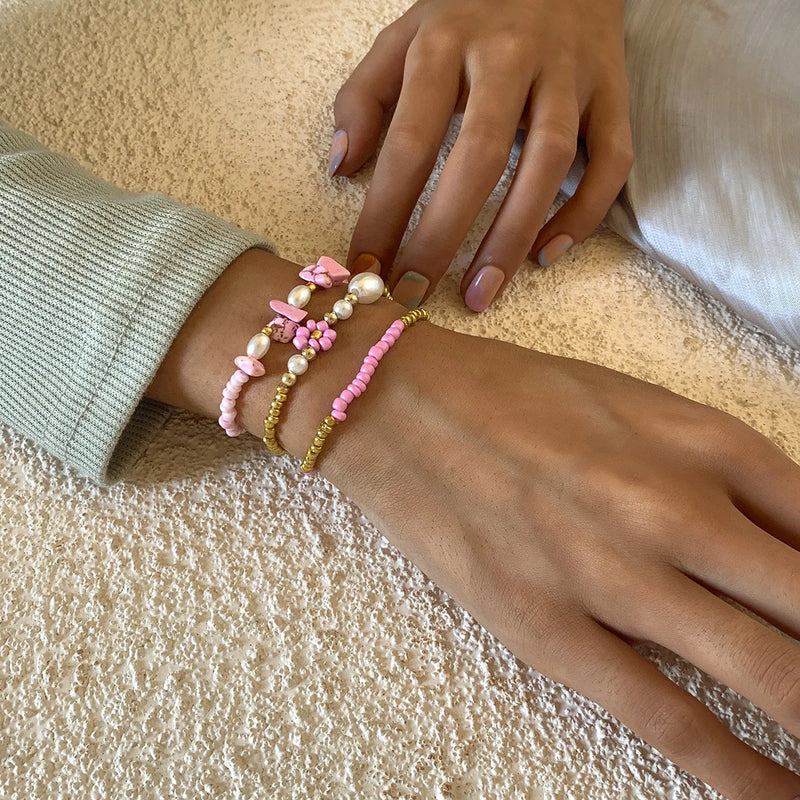 Sindlan 3Pcs Vintage Pearl Pink Natural Stone Wrist Bracelet for Women