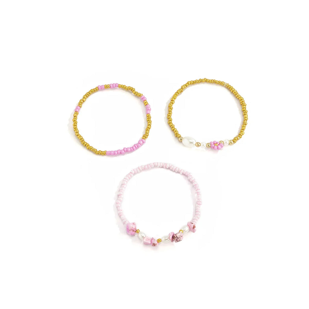 Sindlan 3Pcs Vintage Pearl Pink Natural Stone Wrist Bracelet for Women