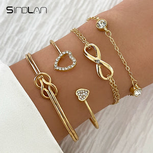 Sindlan 4Pcs Crystal Heart Chains Bracelets for Women Geometric Jewelry Set