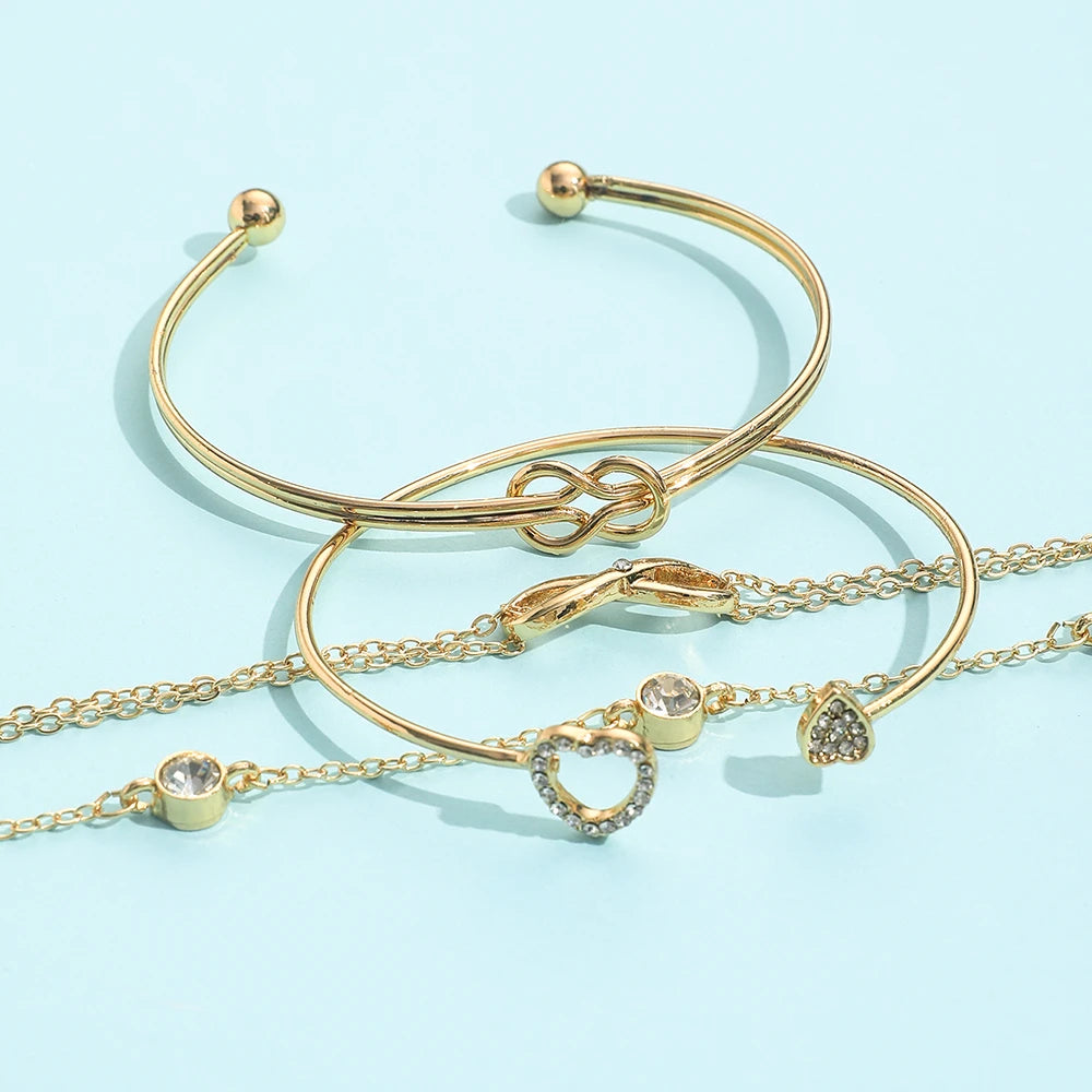 Sindlan 4Pcs Crystal Heart Chains Bracelets for Women Geometric Jewelry Set