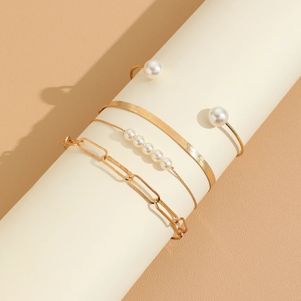 Sindlan 4Pcs Pearl Chains Bracelets Women Charms Geometric Bangle