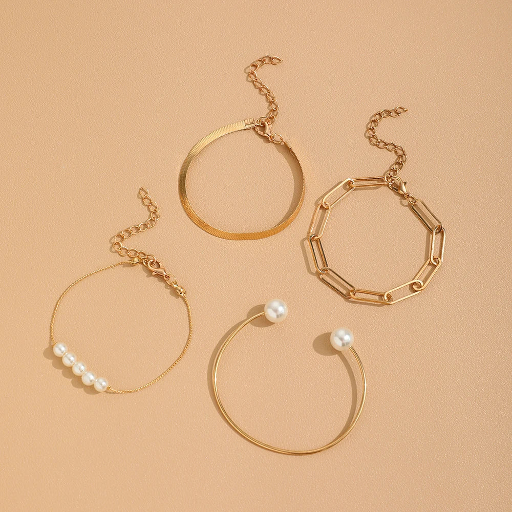 Sindlan 4Pcs Pearl Chains Bracelets Women Charms Geometric Bangle