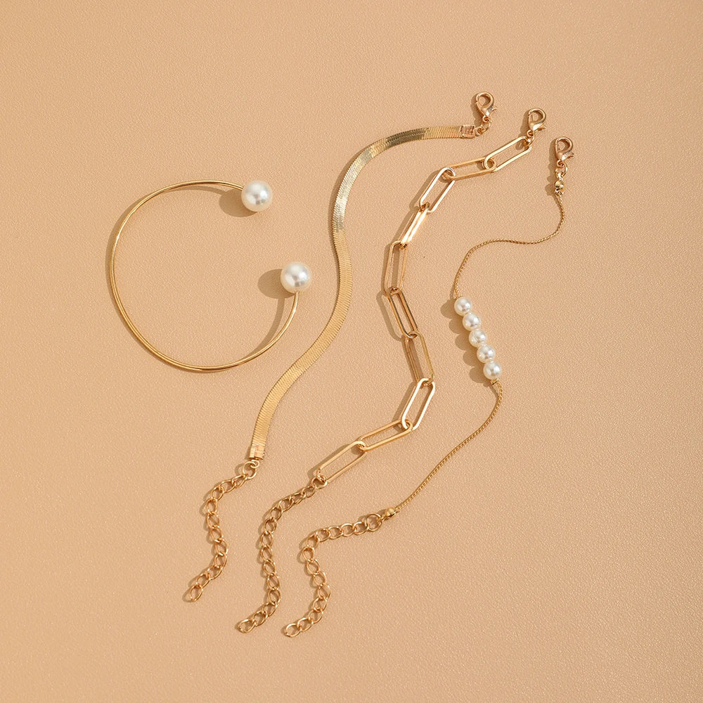 Sindlan 4Pcs Pearl Chains Bracelets Women Charms Geometric Bangle