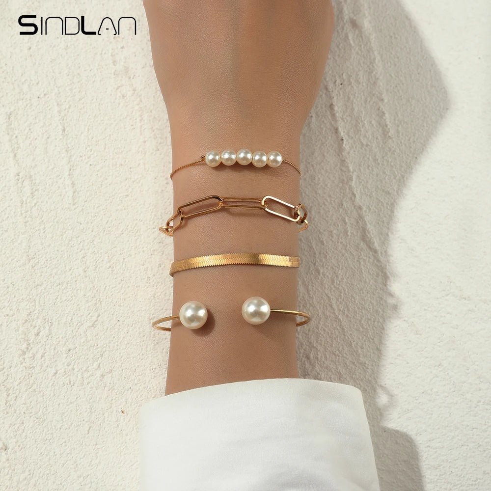 Sindlan 4Pcs Pearl Chains Bracelets Women Charms Geometric Bangle