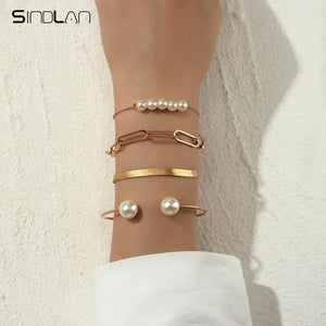 Sindlan 4Pcs Pearl Chains Bracelets Women Charms Geometric Bangle