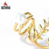 925 Silver Plated Leaves Ear Clip Personality Jewelry Pearl Earrings