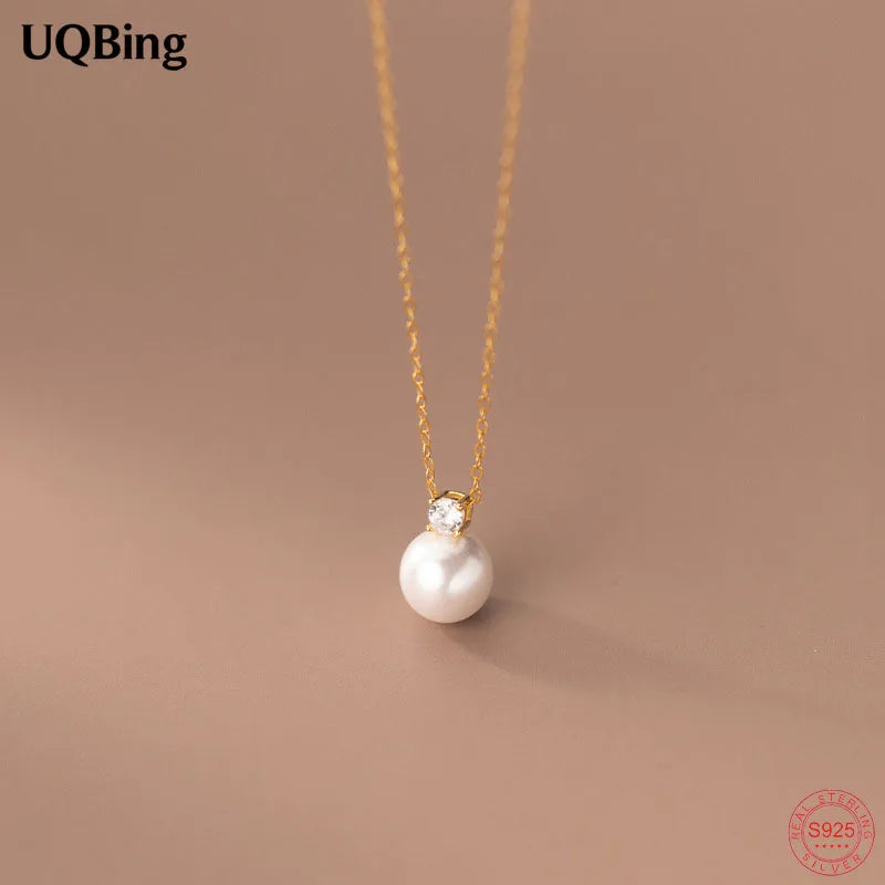Sterling Silver CZ Zircon Pearl Pendant Necklace Women Summer Jewelry