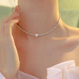 Single Pearl Pendant Silver Plated Adjustable Necklace Women Clavicle Chain