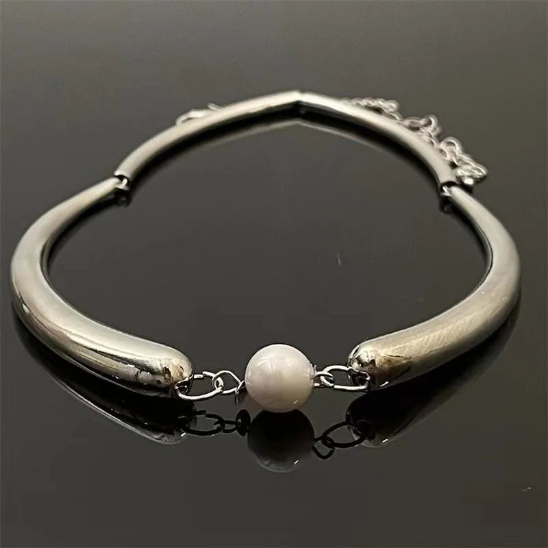 Single Pearl Choker Necklace for Women Minimalist Collar Torque Punk Jewelry