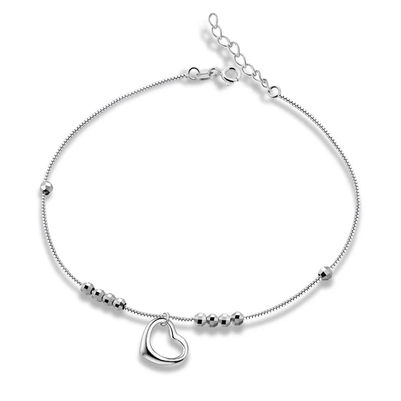 925 Silver Anklets Bracelet Heart Charms for Women Girls 21.5cm+2.5cm