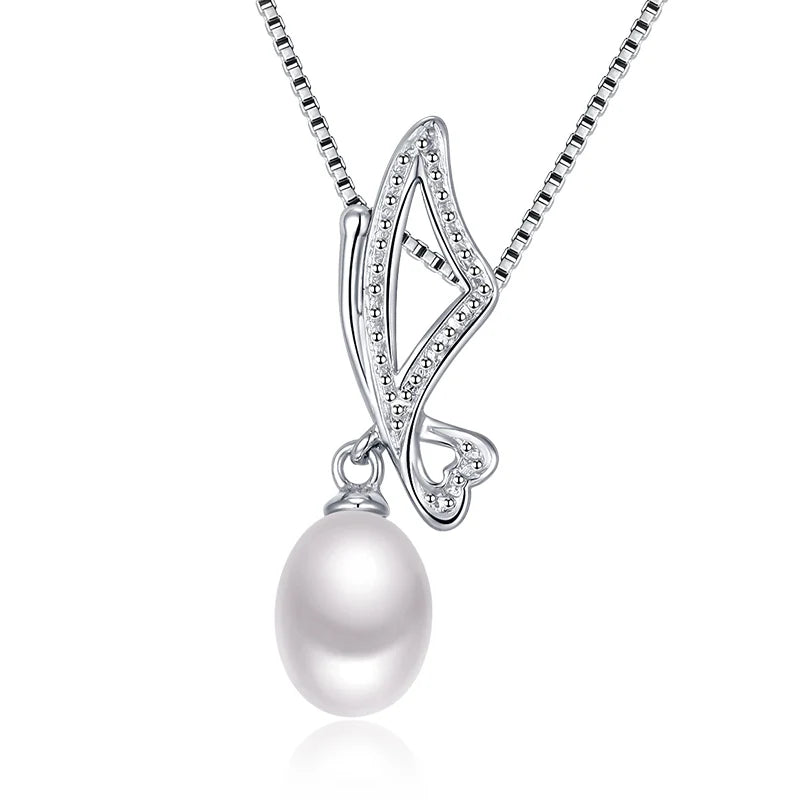 Butterfly Charm Pearl Pendant Necklace in 925 Silver