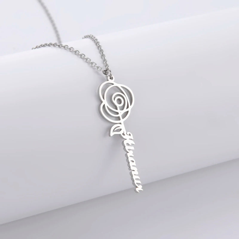 Sipuris Personalized Name Rose Necklace Stainless Steel Flower Necklace