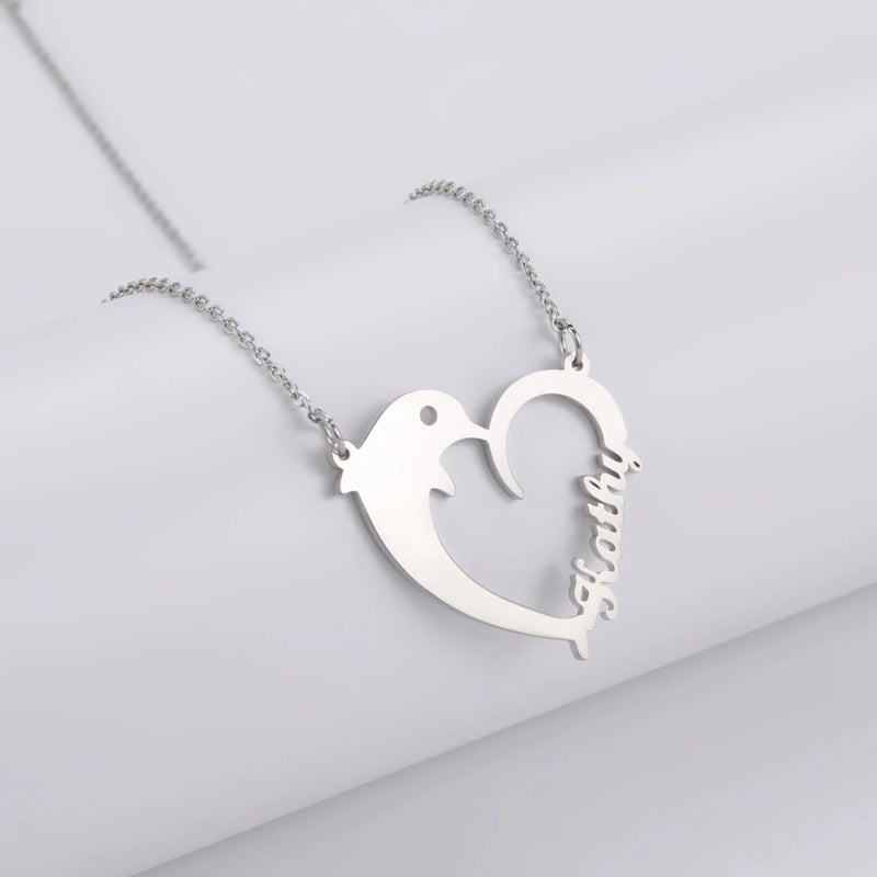 Sipuris Dolphin Heart Graphic Stainless Steel Personalized Name Necklace