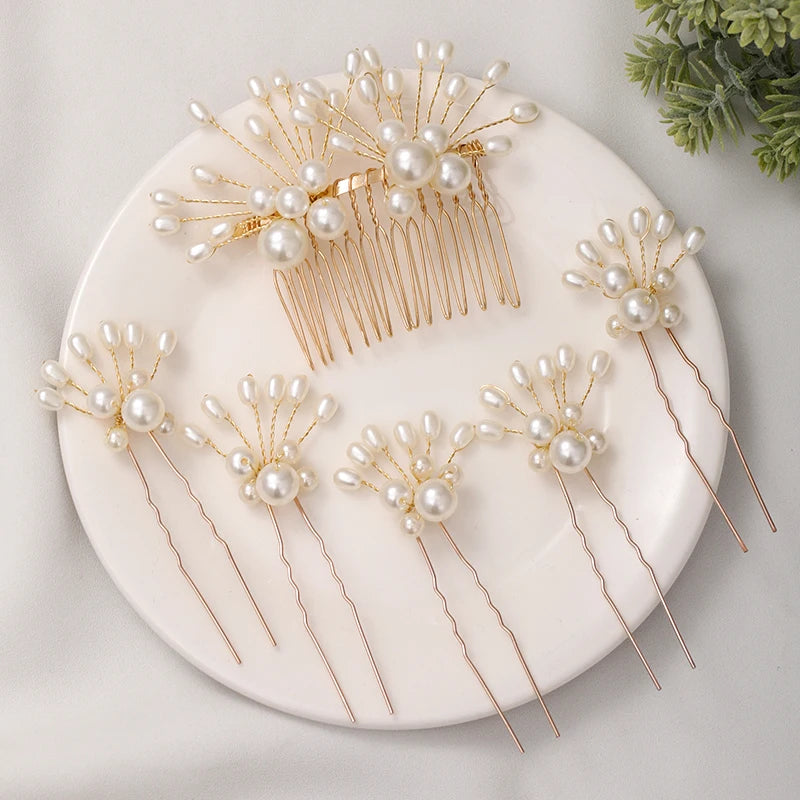 6-pc Women's Wedding Comb Set Pearl Bridal Hair Accessories Flower Jewelry Pins