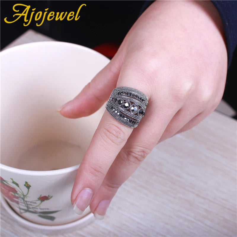 Vintage CZ Geometric Retro Finger Ring Women High Wide Party Jewelry
