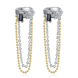 S925 Silver Skin Texture Ear Clip Rings with Long Chain