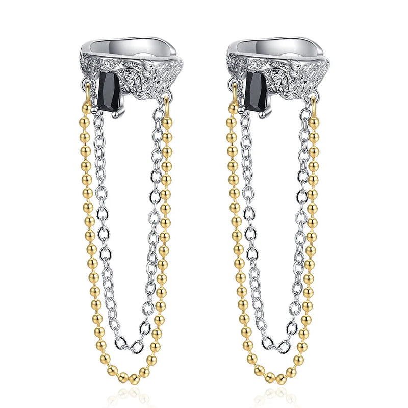 S925 Silver Skin Texture Ear Clip Rings with Long Chain