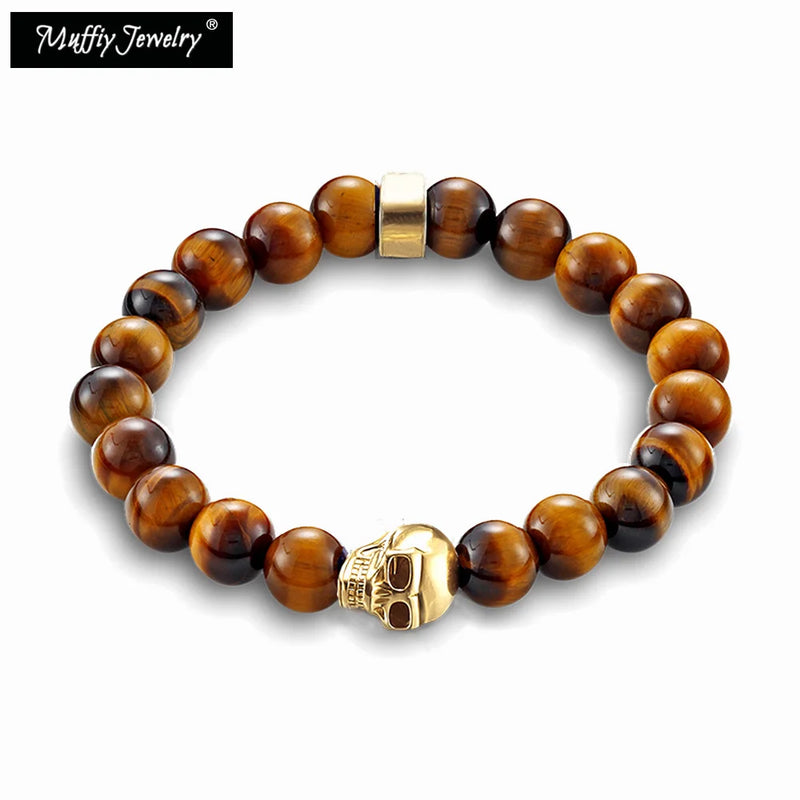 Skull & Tiger's Eye Bracelet, Europe Style Punk Jewelry, 2018 Gift