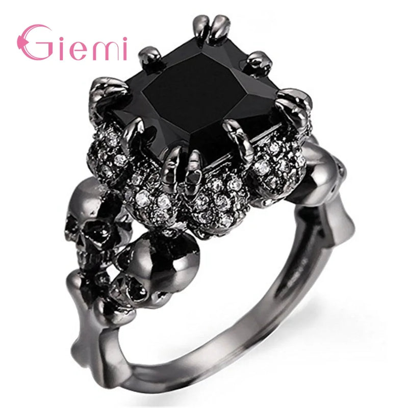 925 Silver Skull Ring Punk Style CZ Skeleton Anillos For Party