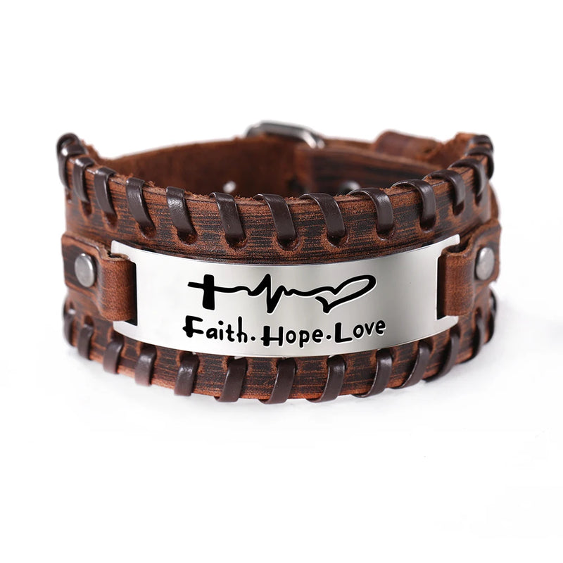 Christian Leather Bracelet Men Bible Proverb Sayings Cross Charm Wristband Faith