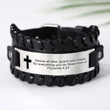 Christian Leather Bracelet Men Bible Proverb Sayings Cross Charm Wristband Faith