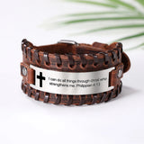 Christian Leather Bracelet Men Bible Proverb Sayings Cross Charm Wristband Faith