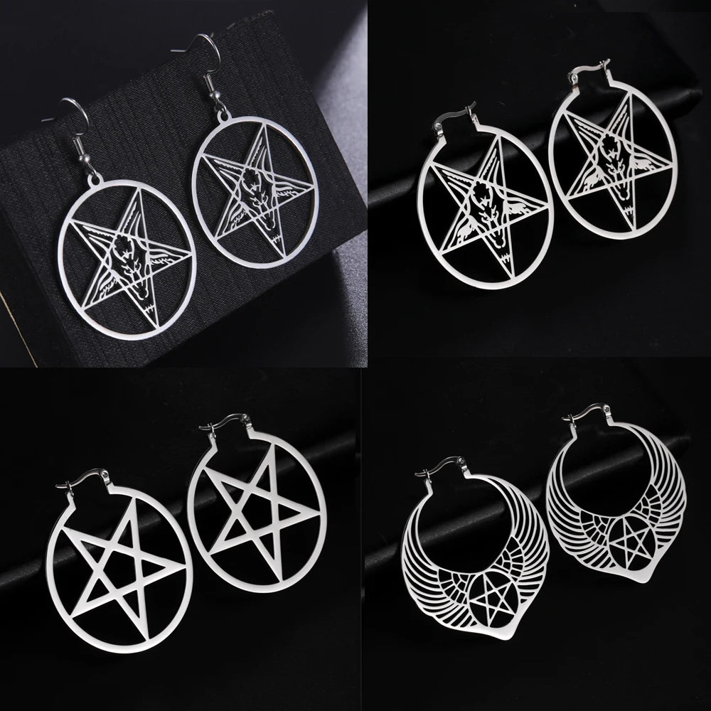 Satanic Pentagram Hoop Earrings Gothic Star Dangle Amulet Jewelry