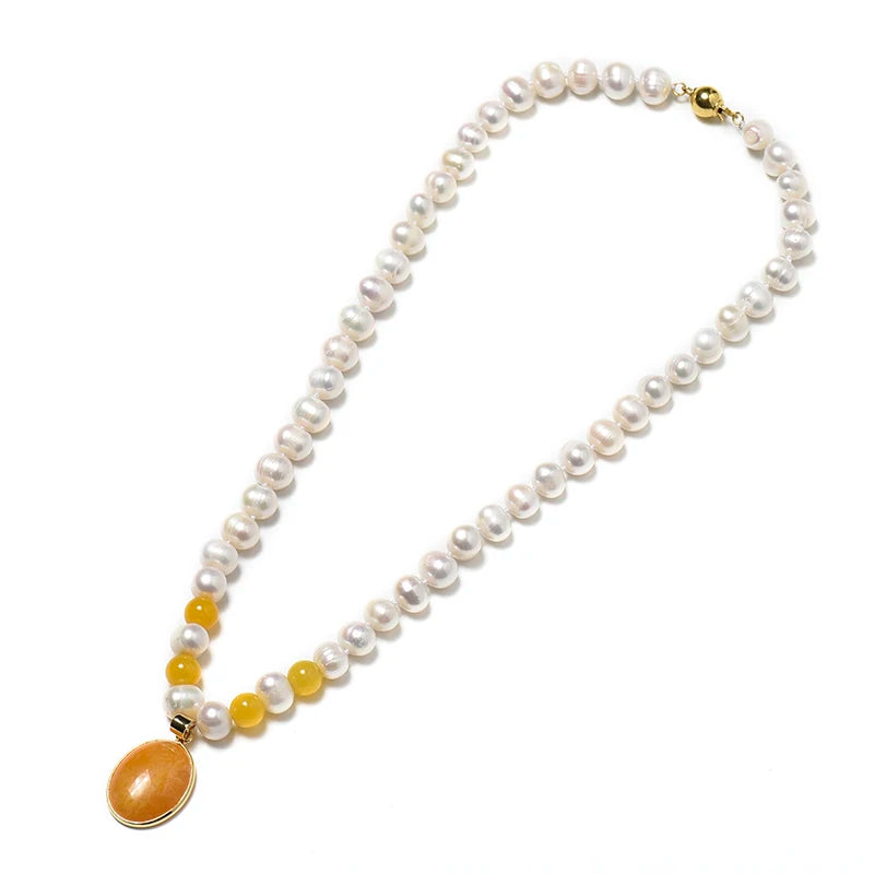 Slender Oval Pearl Necklace with Orange Beads Pendant