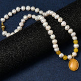 Slender Oval Pearl Necklace with Orange Beads Pendant