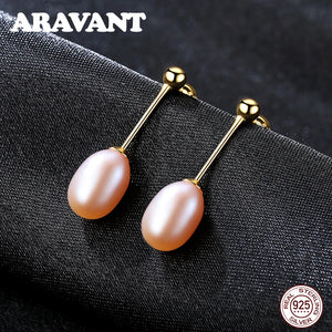 925 Silver Pearl Long Drop Earrings Pink Purple