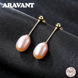 925 Silver Pearl Long Drop Earrings Pink Purple