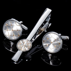 Sliver Floral Cufflinks Necktie Clip Set Men Jewelry