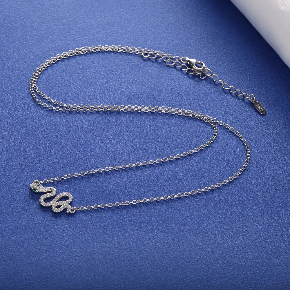 SloveCabin 925 Silver Clear Zircon Snake Pendant Long Chain Necklace For Women