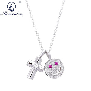 925 Silver Smile Cross Pendant Necklace Zircon Pave Japan Jewelry