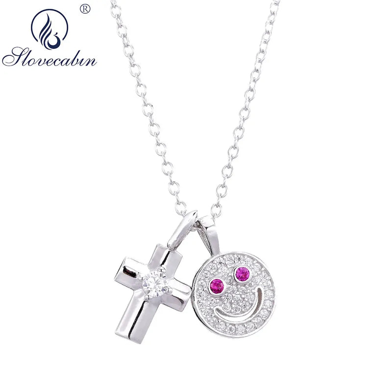 925 Silver Smile Cross Pendant Necklace Zircon Pave Japan Jewelry