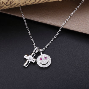 925 Silver Smile Cross Pendant Necklace Zircon Pave Japan Jewelry